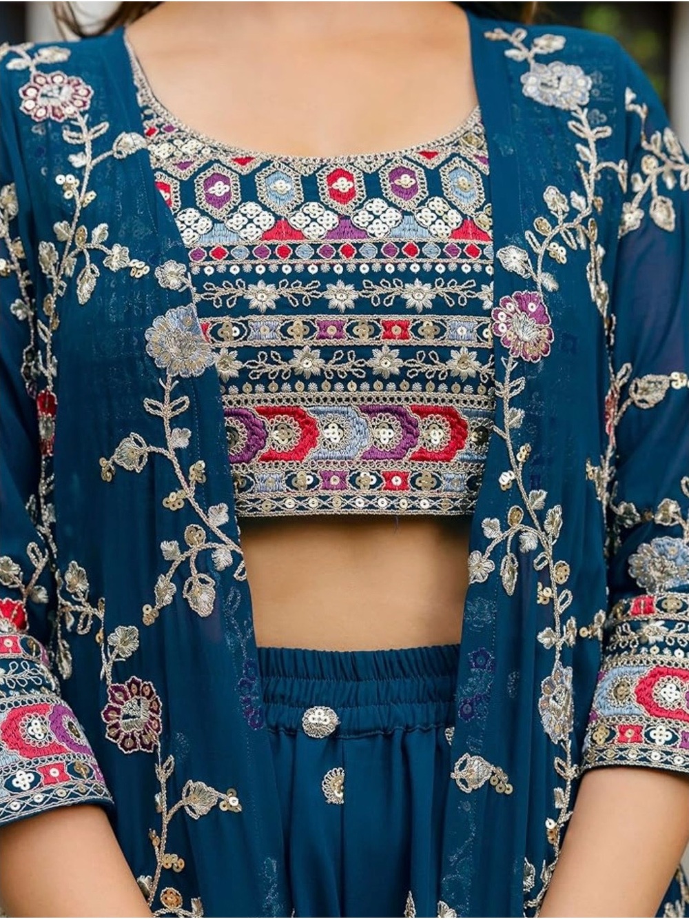 Embroidered Navy, Red, Purple and Silver Choli / Crop Top | Size L (40)